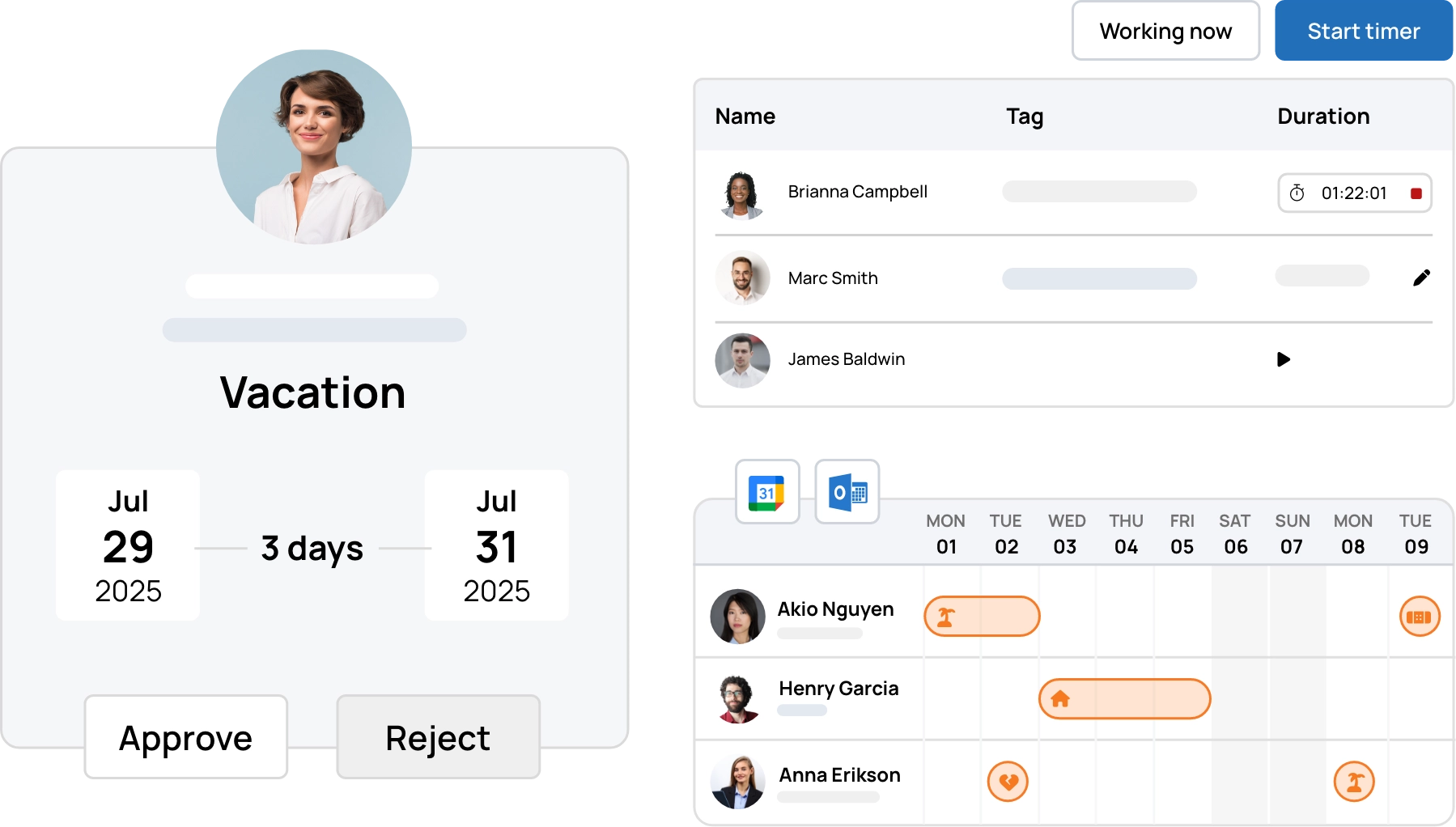 Interface of leave management software showing PTO and absence stats